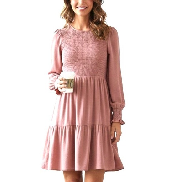 Meroketty Dresses & Skirts - Meroketty Mini Dress Womens S Pink Smocked Tiered Long Sleeve NWoT Flowy